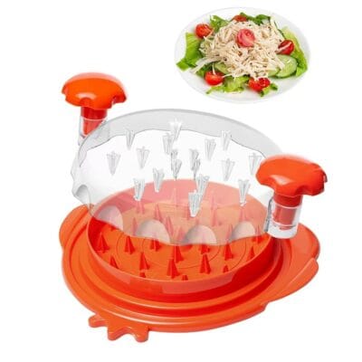 Patented twist chicken shredder tool with ergonomic handle and clear pressing plate