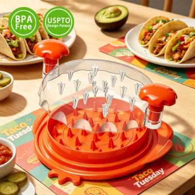 chicken shredder tool, BPA free meat shredder with patented design, orange chicken shredder machine for taco, kitchen tool for shredding chicken, beef, pork quickly, easy to clean meat shredder for pulled pork