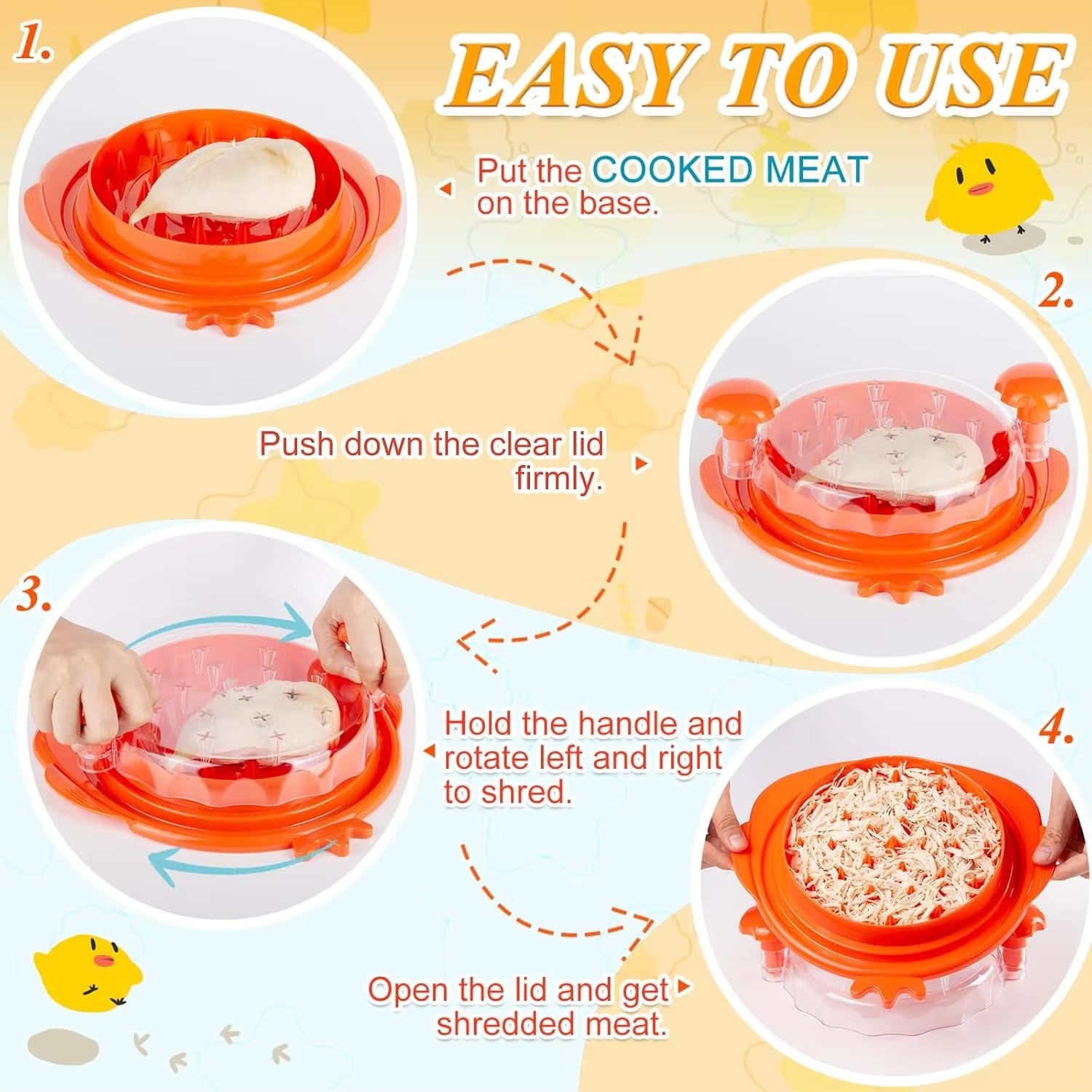 Patented twist chicken shredder tool with ergonomic handle and clear pressing plate