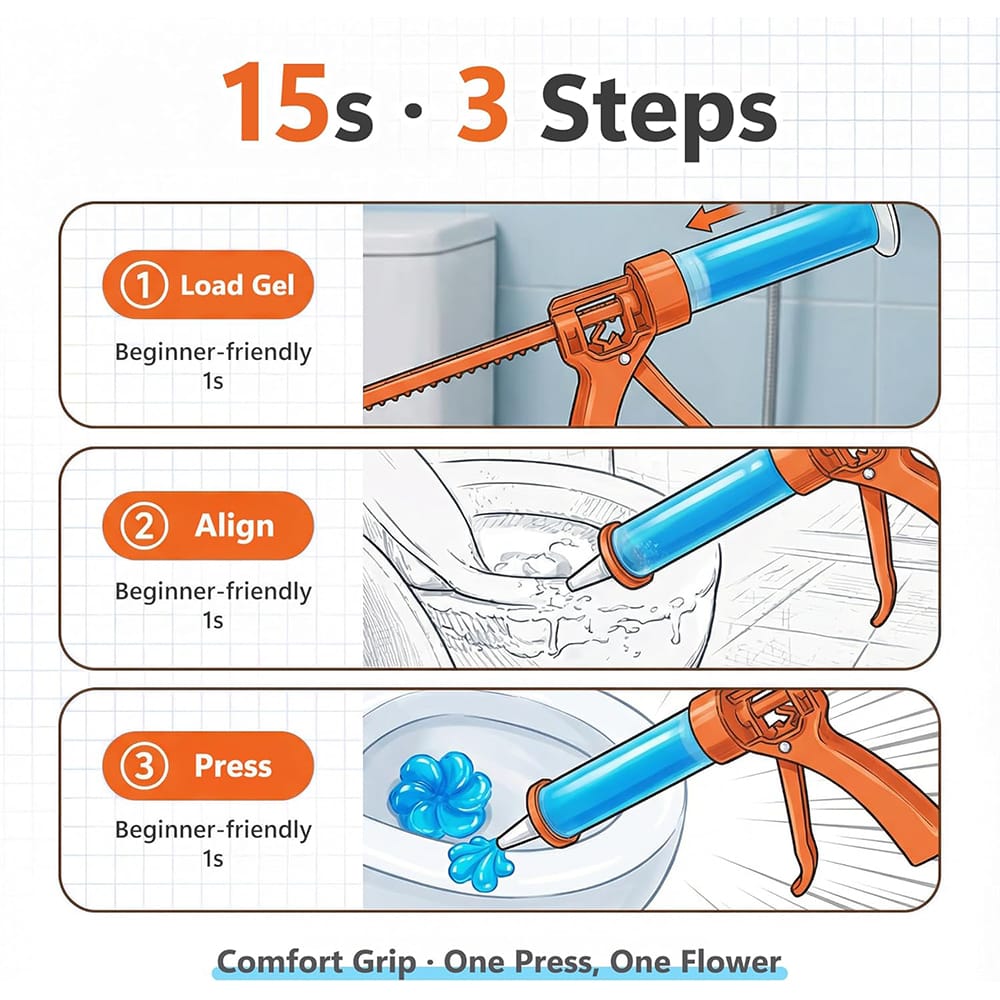 Fragrance gel toilet cleaner applicator showing 3 easy steps to load, align and press flower-shaped toilet cleaning gel for long-lasting freshness and odor control