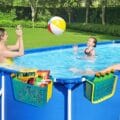 Thickened above ground pool storage basket hanging on a framed pool 8