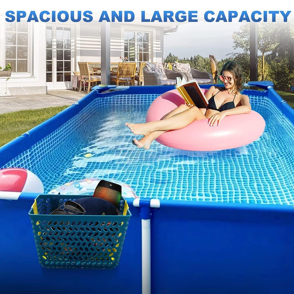 Multifunctional poolside storage basket holding drinks and phone by an outdoor swimming pool
