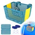 Thickened above ground pool storage basket hanging on a framed pool