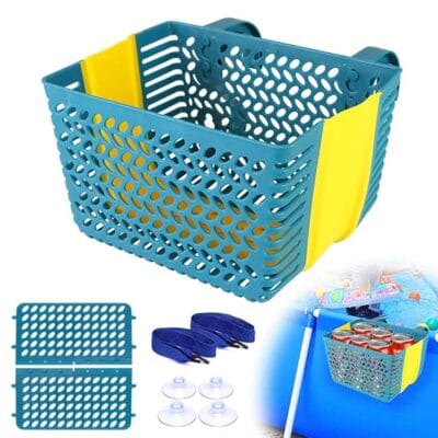 Thickened above ground pool storage basket hanging on a framed pool