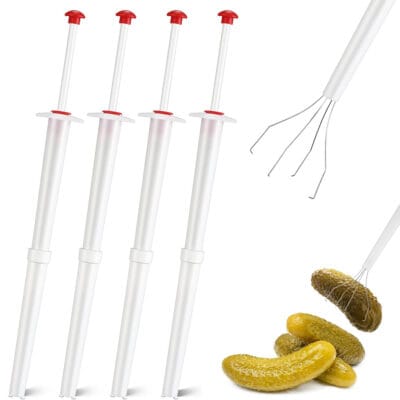 Pickle grabber tool set with spring-loaded prongs, designed to retrieve pickles and other jarred foods