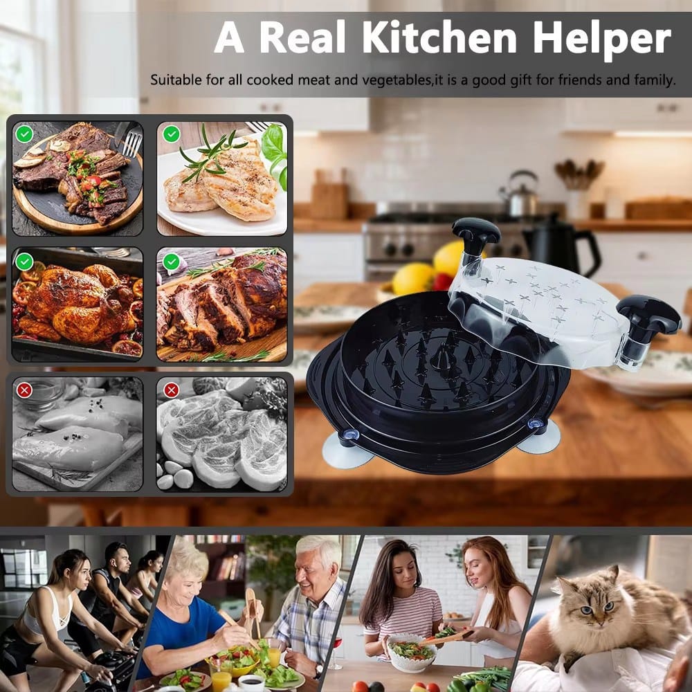 Chicken shredder tool effortlessly shredding cooked meat on a kitchen countertop