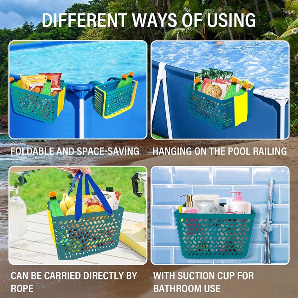 Heavy duty waterproof pool storage basket showing adjustable hooks and durable material