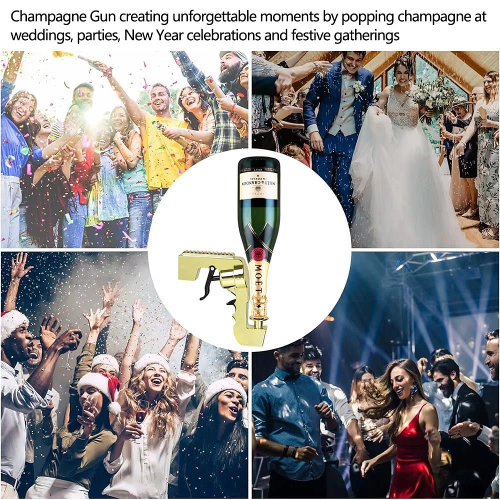Party guest holding a champagne gun shooting a stream of bubbly outdoors