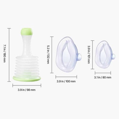 Choking Rescue Device size chart showing suction airway clearance device dimensions with adult and child anti choking masks for emergency airway obstruction relief