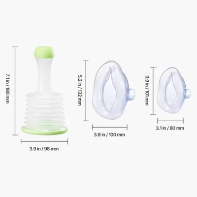 Choking Rescue Device size chart showing suction airway clearance device dimensions with adult and child anti choking masks for emergency airway obstruction relief