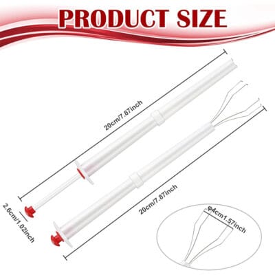 Pickle grabber tool size diagram showing full length, handle width, and prong span with metric and imperial measurements