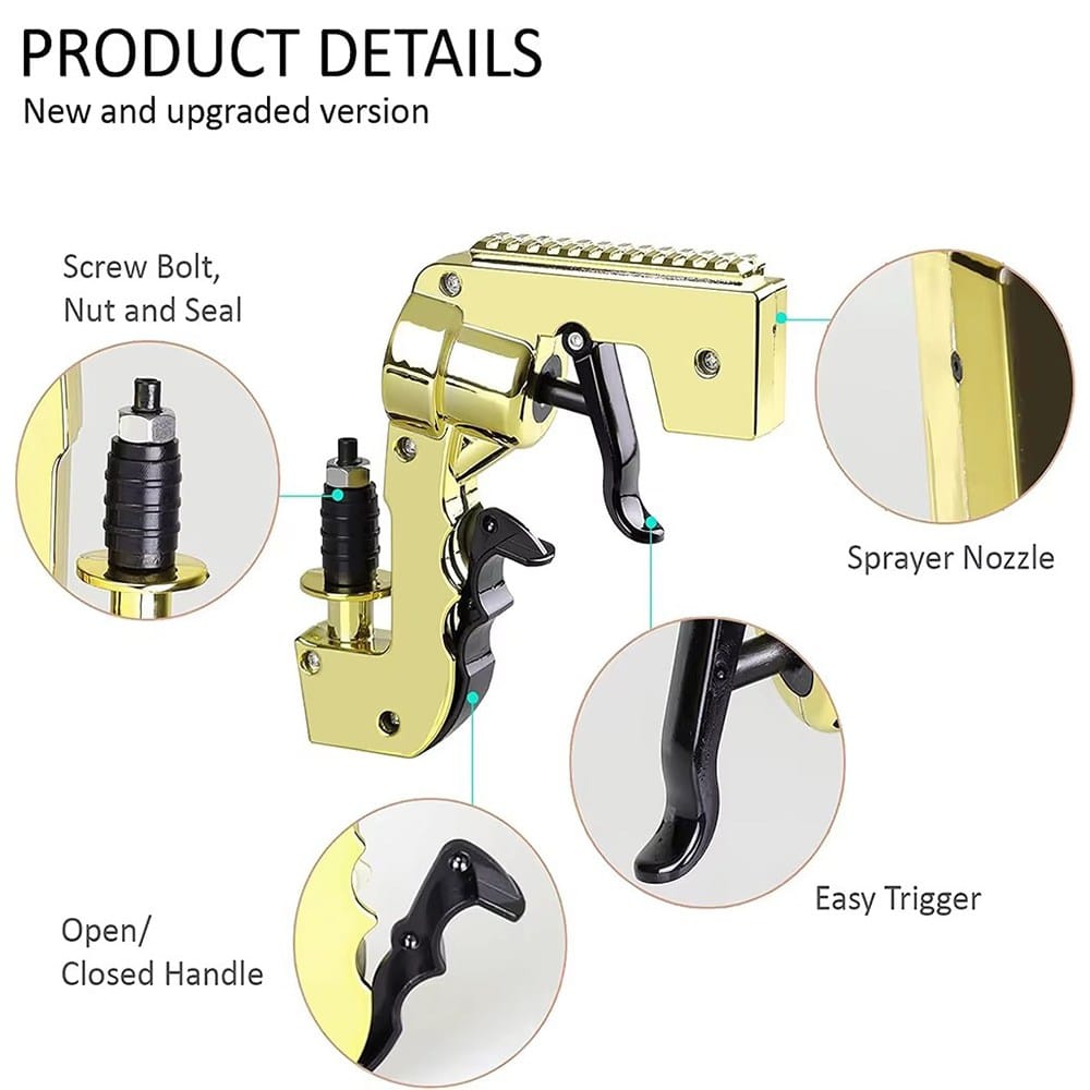 Durable ABS champagne gun connected to a bottle for party spraying