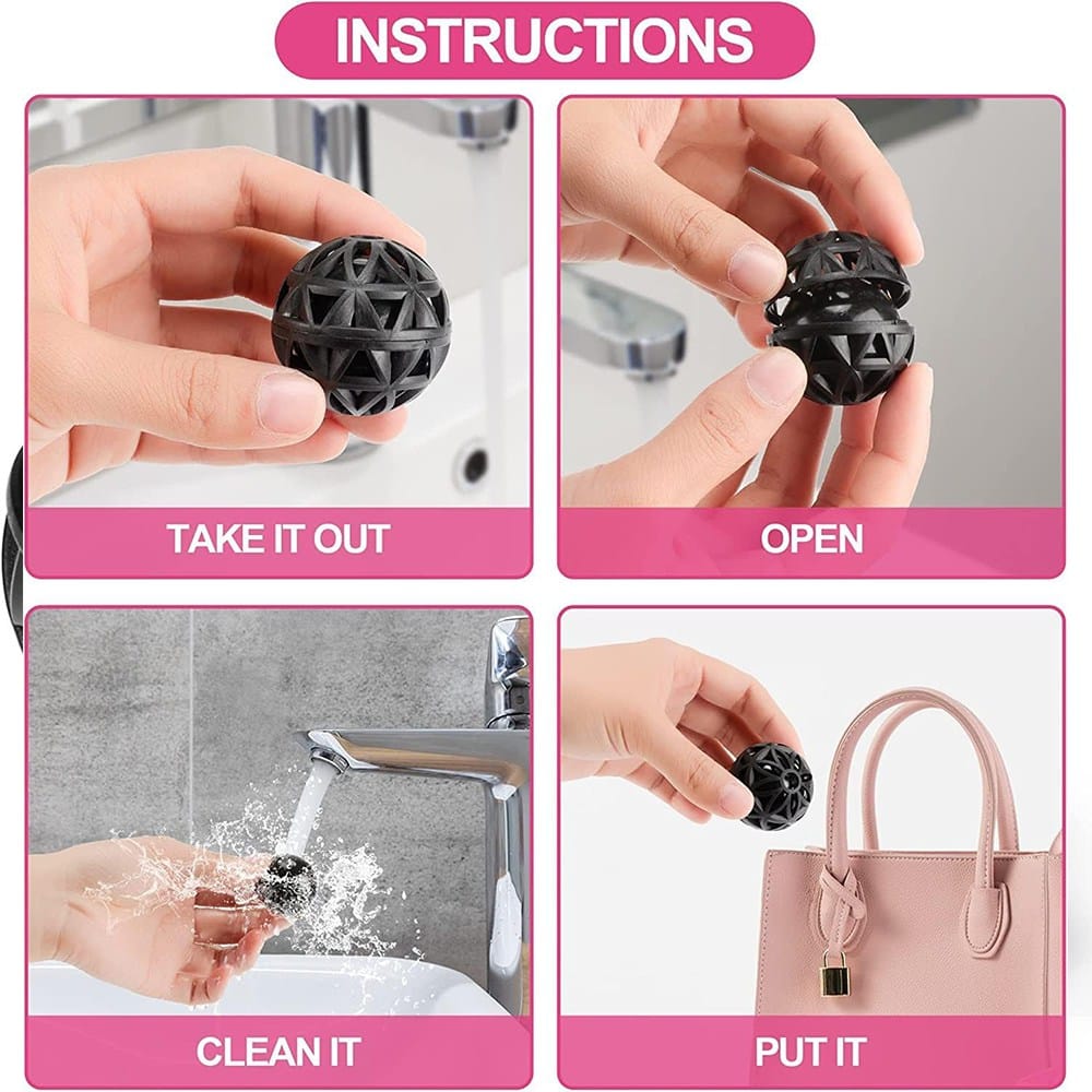 Bag cleaning ball rolling inside an open tote bag and backpack to collect crumbs