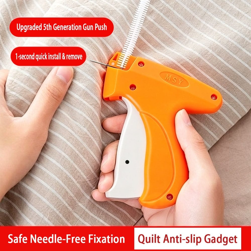 Quick clothing repair and tag fastening using a professional stitch and tagging gun