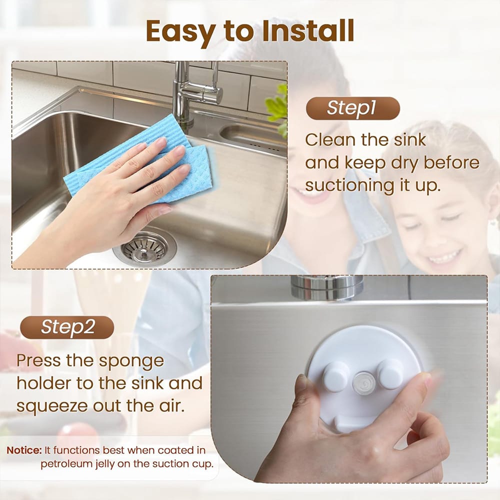 Smiling sponge holder organizing dish sponges and keeping kitchen sinks tidy