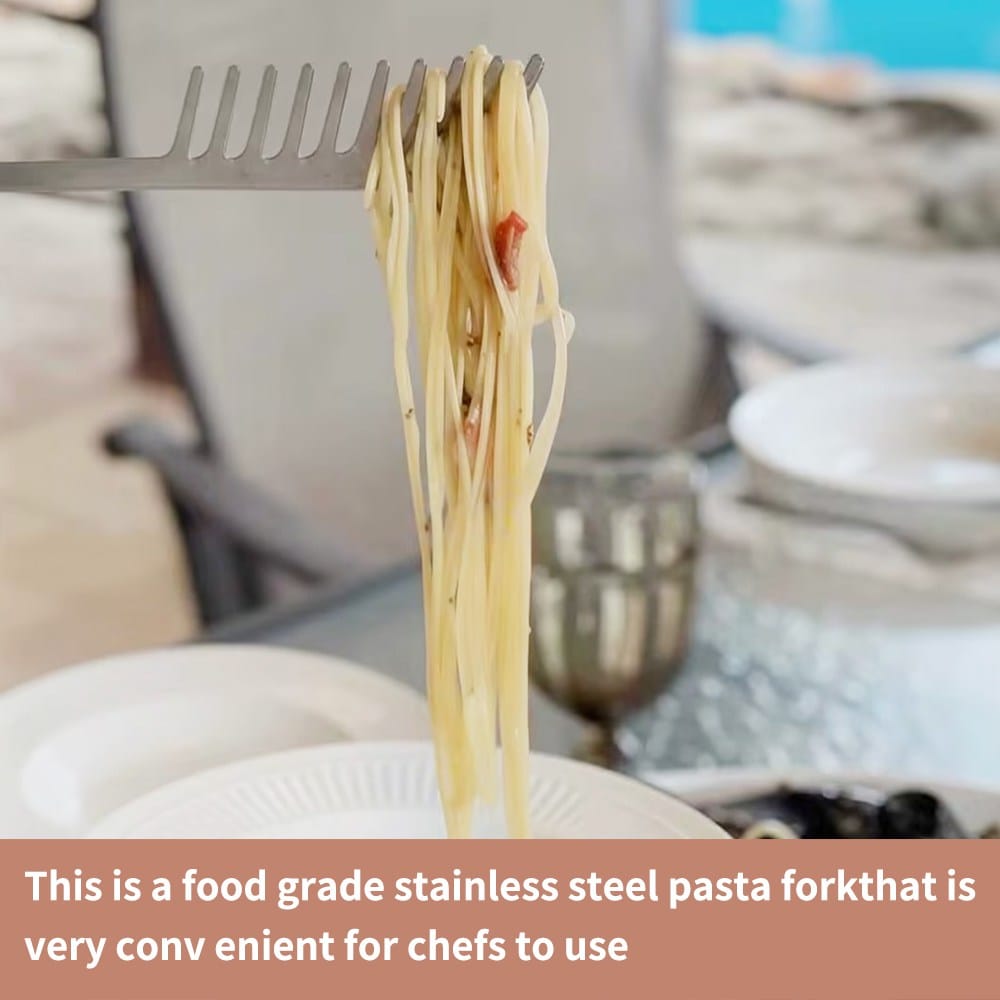 Specialized noodle fork securely twirling spaghetti and long noodles in a kitchen setting