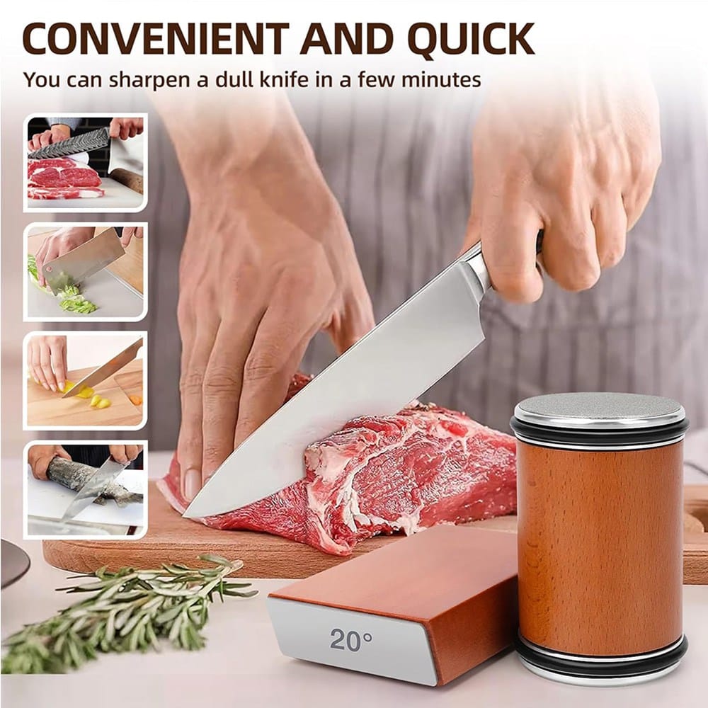 people using a rolling knife sharpener on a kitchen knife 