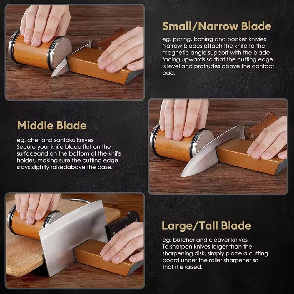 Chef using a rolling knife sharpener on a kitchen knife