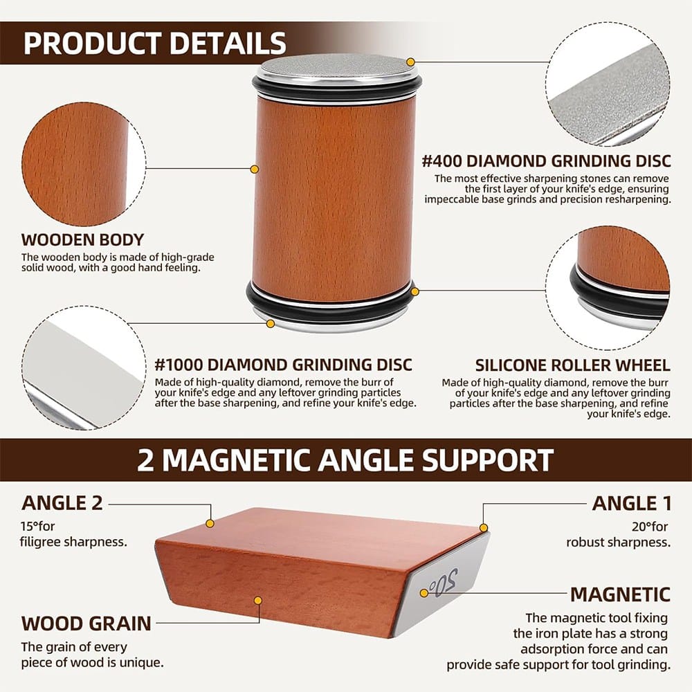 Professional rolling knife sharpener with diamond disc and magnetic angle block