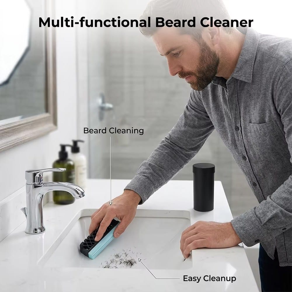 Easy beard hair cleanup from sink using portable grooming tool