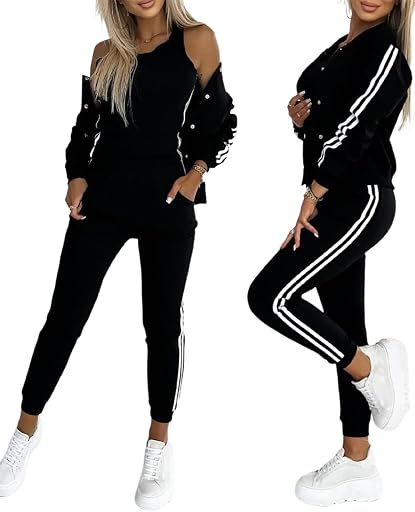 Women's black two-piece lounge set with white side stripes